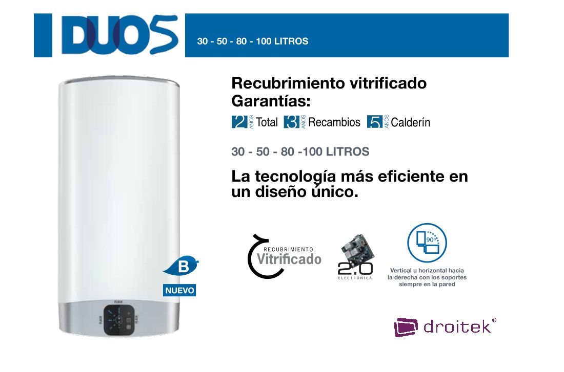 Termo eléctrico, Fleck, Duo 5, 30 litros, Vertical u Horizontal, Clase  Energetica A