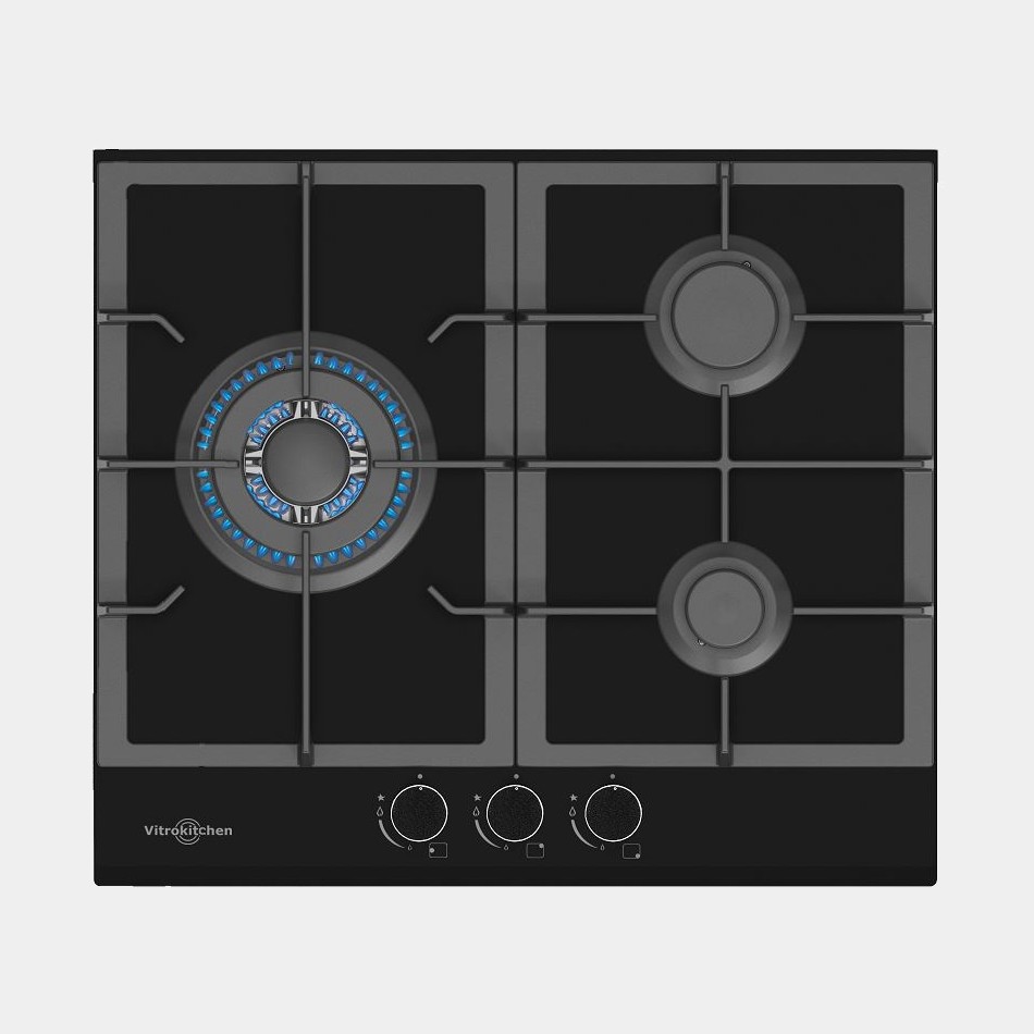 Vitrokitchen Cg630nb placa gas butano 3 fuegos Cristal Negro