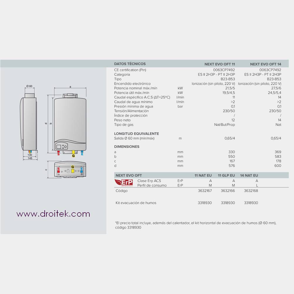 Calentador gas natural Ariston Next Evo OFT 11 NG EU tiro forzado